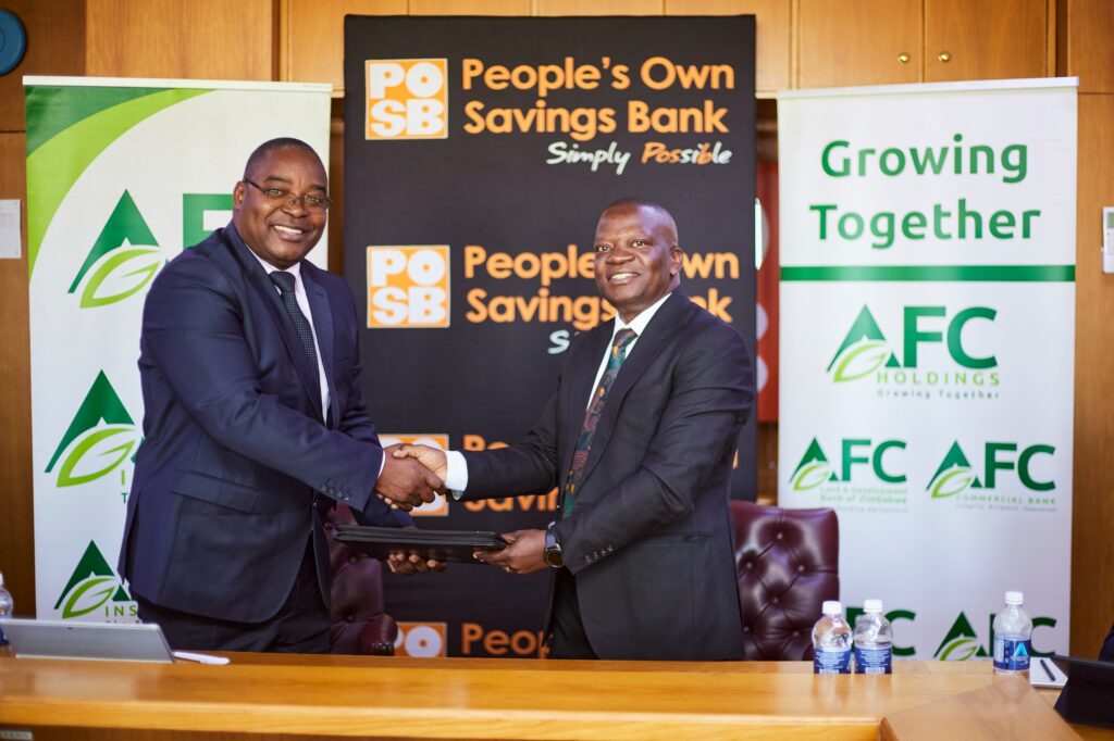 POSB CEO Mr Garainashe Changunda (left) and AFC Insurance Company Managing Director Mr Cuthbert Masukume during the sign off ceremony.