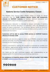 POSB Kadoma Customer Notice Temporary Closure