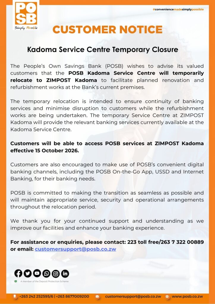 POSB Kadoma Customer Notice Temporary Closure