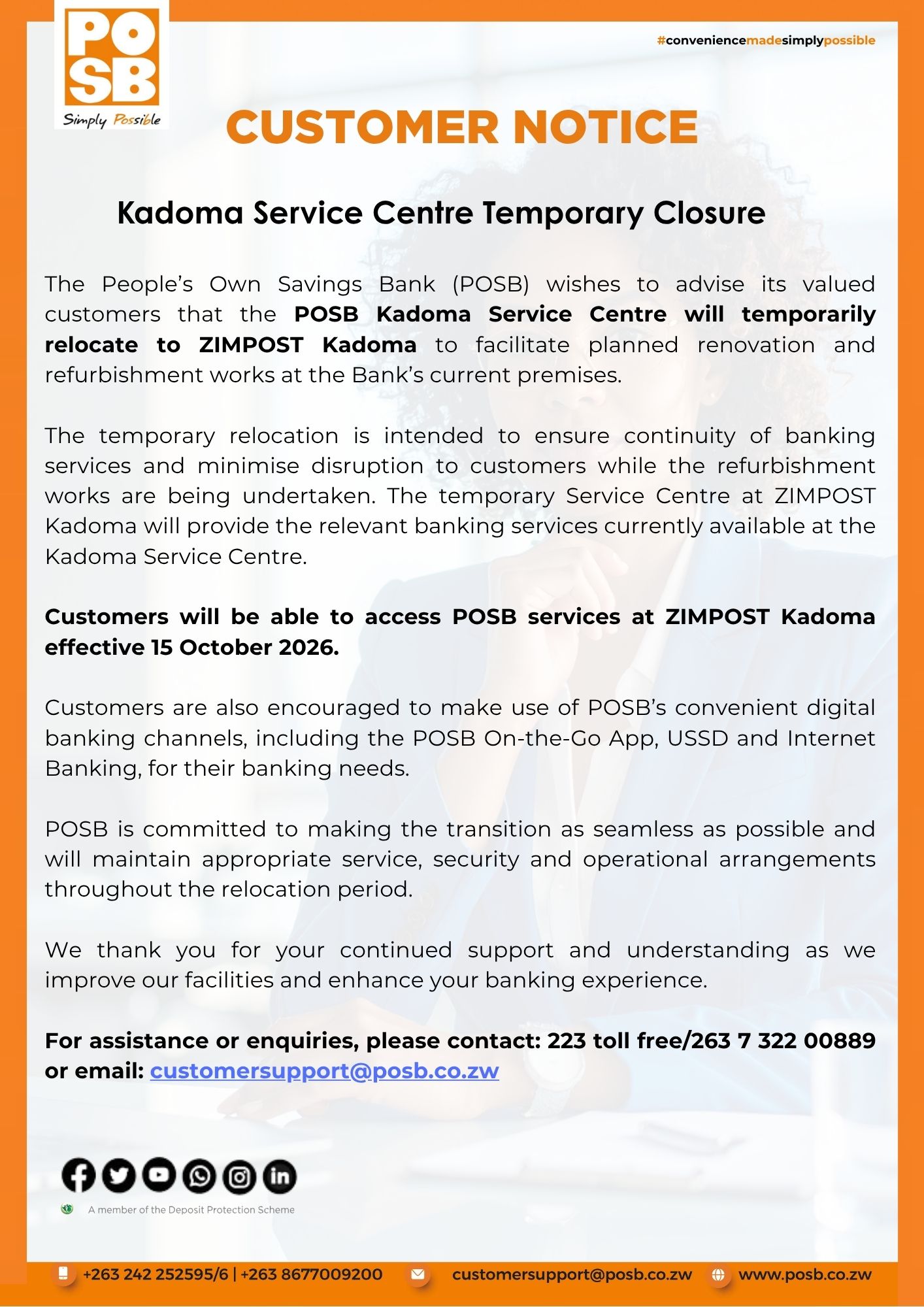 POSB Kadoma Customer Notice Temporary Closure